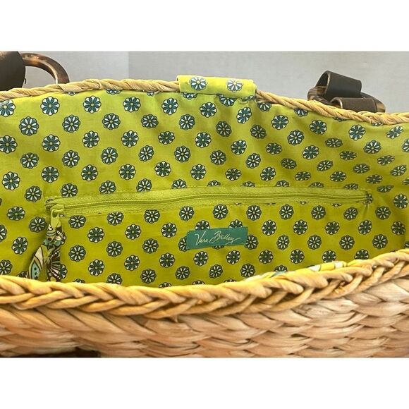 Vera Bradley Peacock Floral Straw Wicker Fabric Tote Bag Blue Green Large - Picture 4 of 11